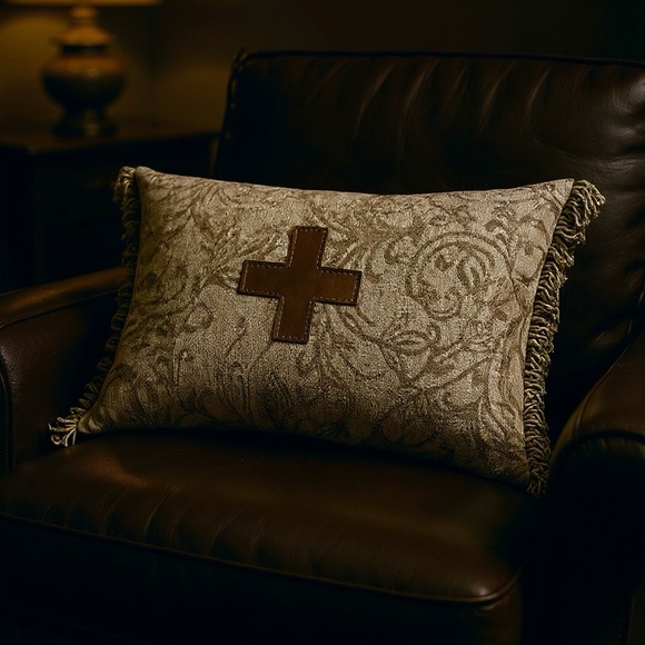 Soft Damask Chenille Decorative Pillow with Leather Cross and Fringe - Picture 4 of 8